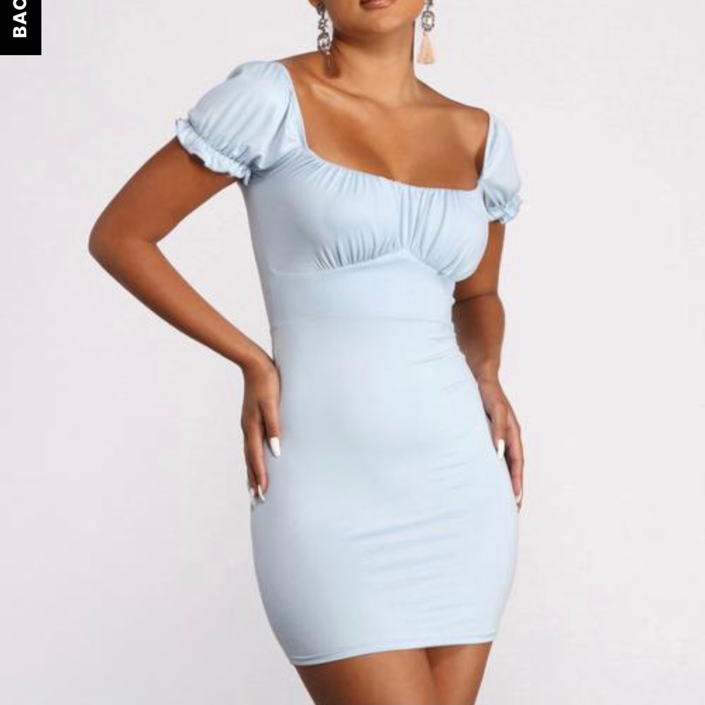 Puff sleeve ruched knit blue mini dress